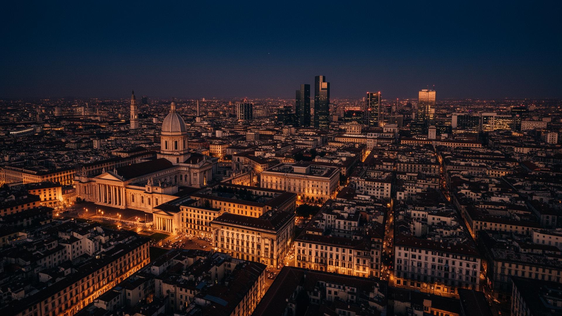 European city skyline at dusk